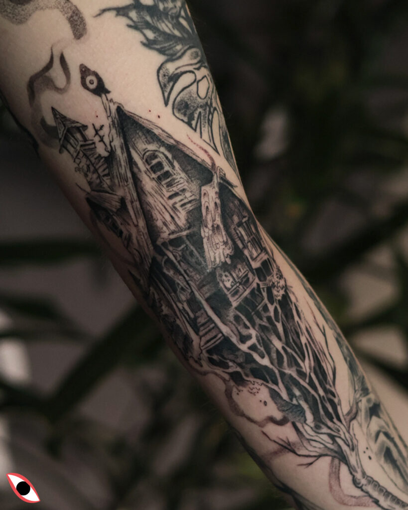 tatuaż chatka wiedźmy jagi yaga house kurza stopa graficzny kawu